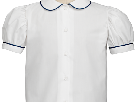 Short Sleeve Peter Pan Blouse with Navy Piping Hot on Sale