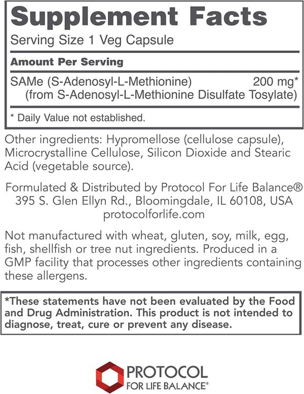 Protocol For Life Balance, SAMe, (S-adenosylmethionine), 200 mg, 60 Veg Capsules on Sale