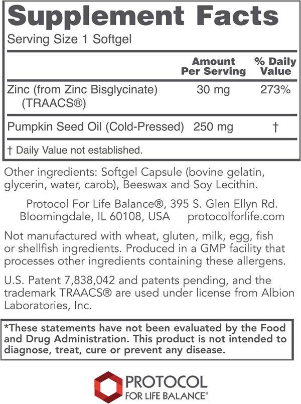 Protocol For Life Balance, Zinc Glycinate, 30 mg, 120 Softgels Hot on Sale